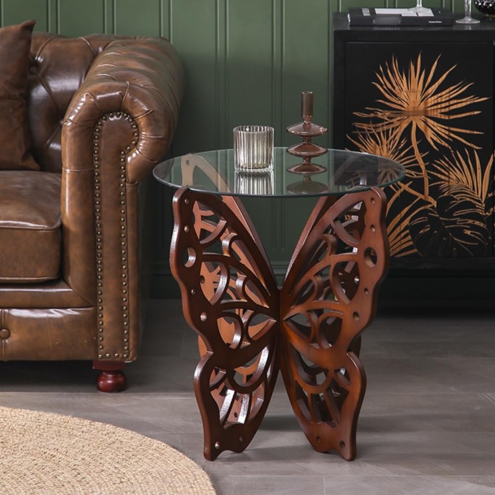 Butterfly Side Table, Tempered Glass Coffee Table with Solid Wood Base, Small...