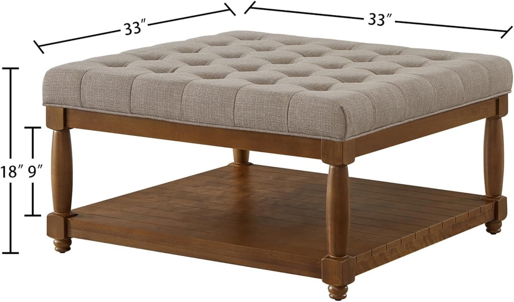Large Square Upholstered Tufted Linen Ottoman Coffee Table, Large Footrest Ot...