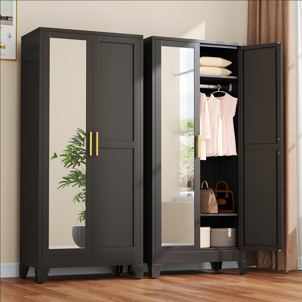 Metal Armoire Wardrobe Closet, 71" Clothing Storage Cabinet with Mirror