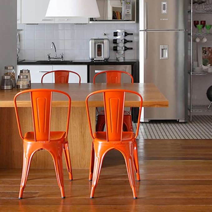 FDW | Set of 4 Metal Dining Chairs | Orange | Stackable Tolix Side Chairs wit...