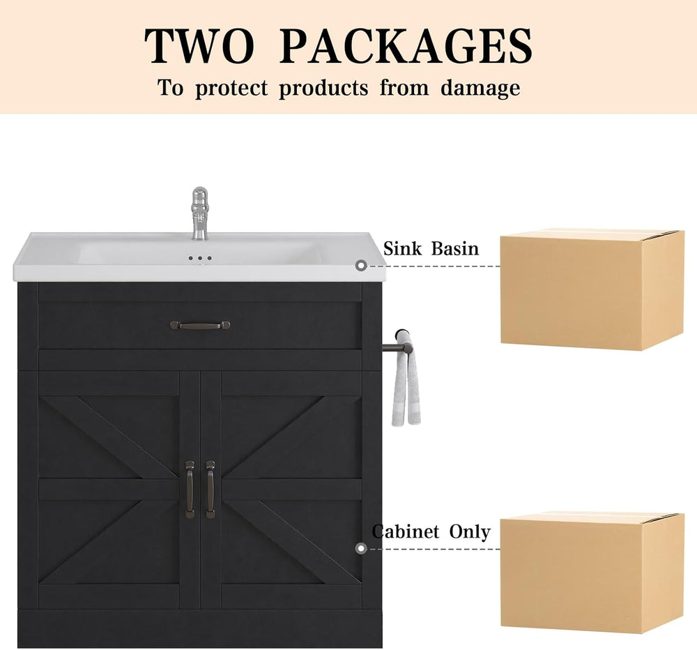 31 Inch Bathroom Vanity with Sink, Drawer and Barn Doors Cabinet, Black | Far...