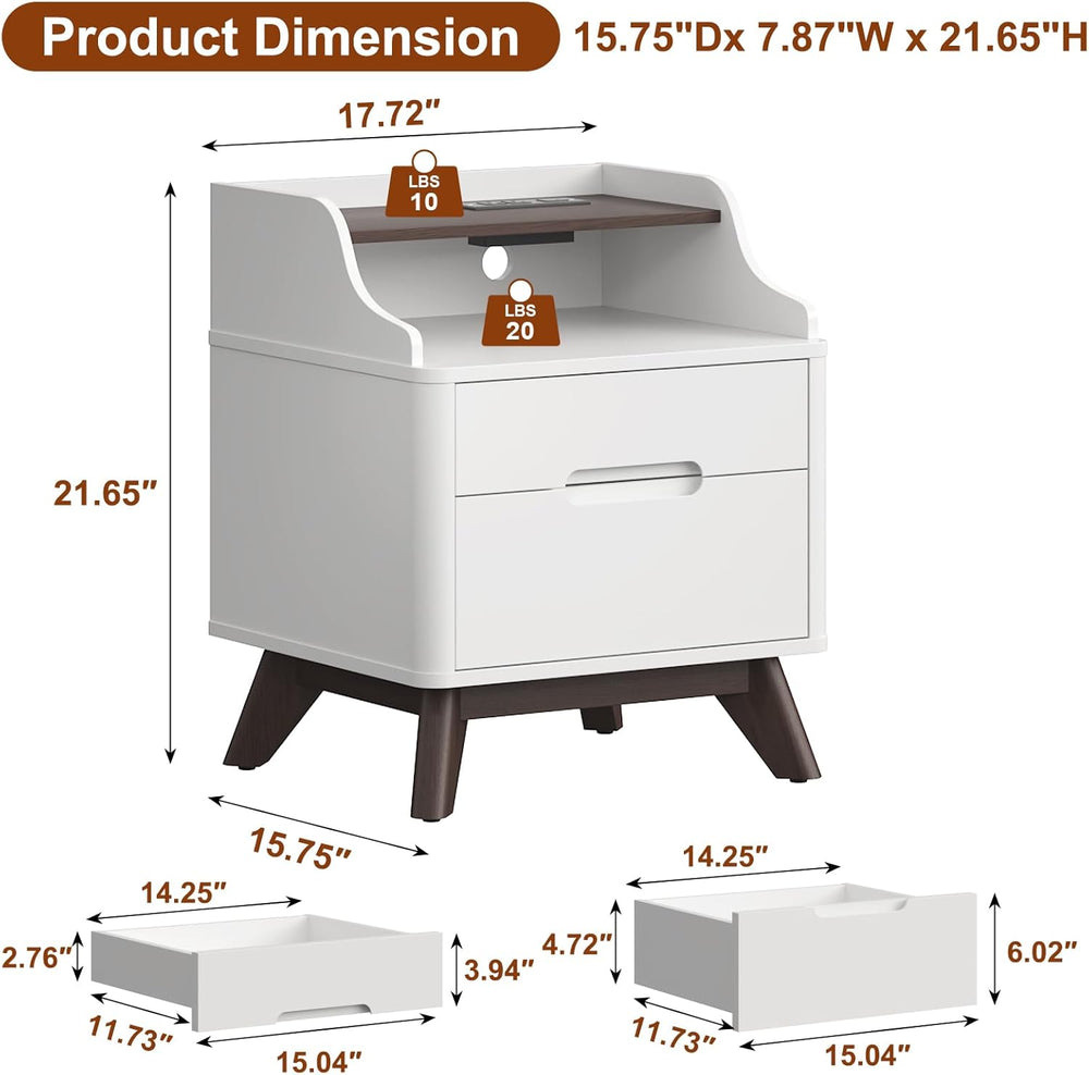 Nightstand with Charging Station, 21" Tall Nightstand w/2 Storage Drawer...
