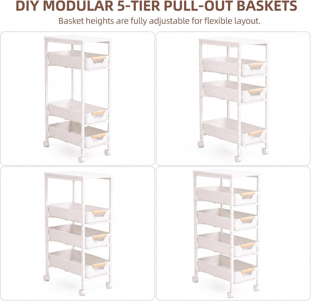 5 Tier Slim Rolling Storage Cart with Pull-Out Drawers,Narrow Utility Organiz...