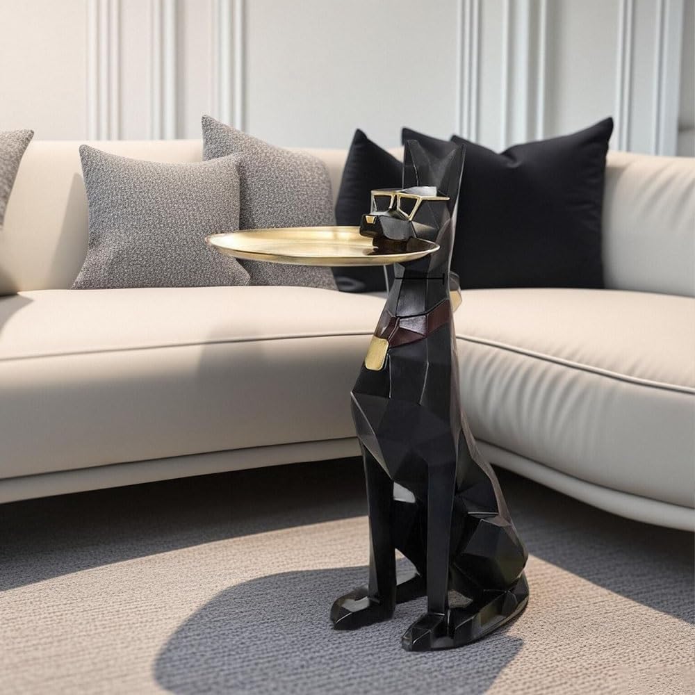 Modern Resin Doberman Sculpture Side Table with Metal Serving Tray, Corner Ta...