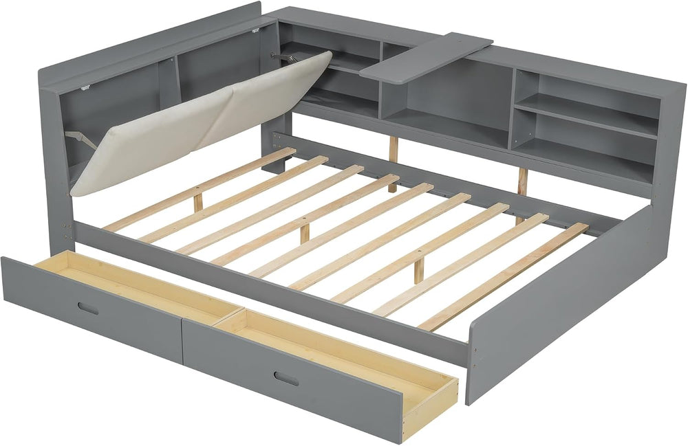 Peanu Full Bed Frame, Storage Headboard, Gray Upholstered Wood