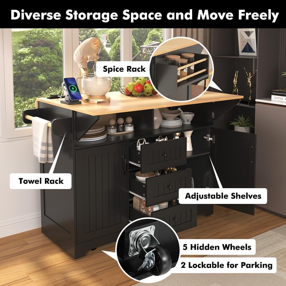 Kitchen Island with 2 Drop Leaf, Home Cart Island on Wheels Foldable Dining T...