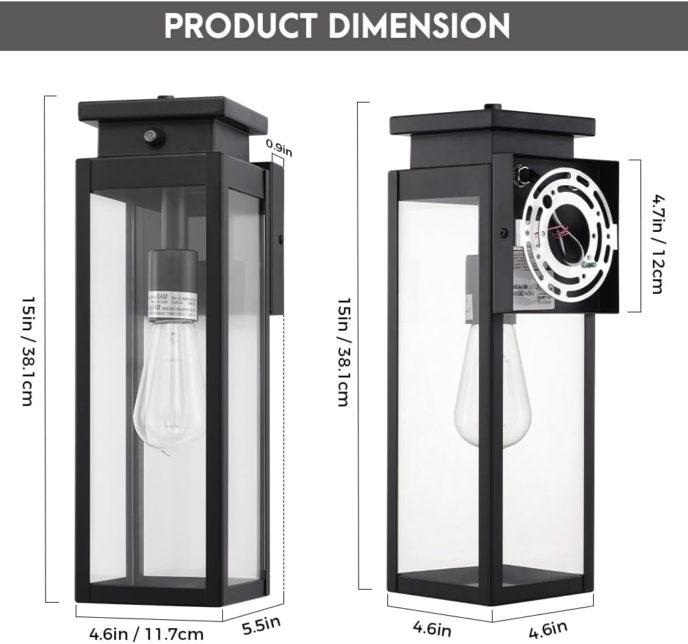 Cerdeco 15" Dusk to Dawn Outdoor Wall Light with 4-Side Clear Glass,2 Pack