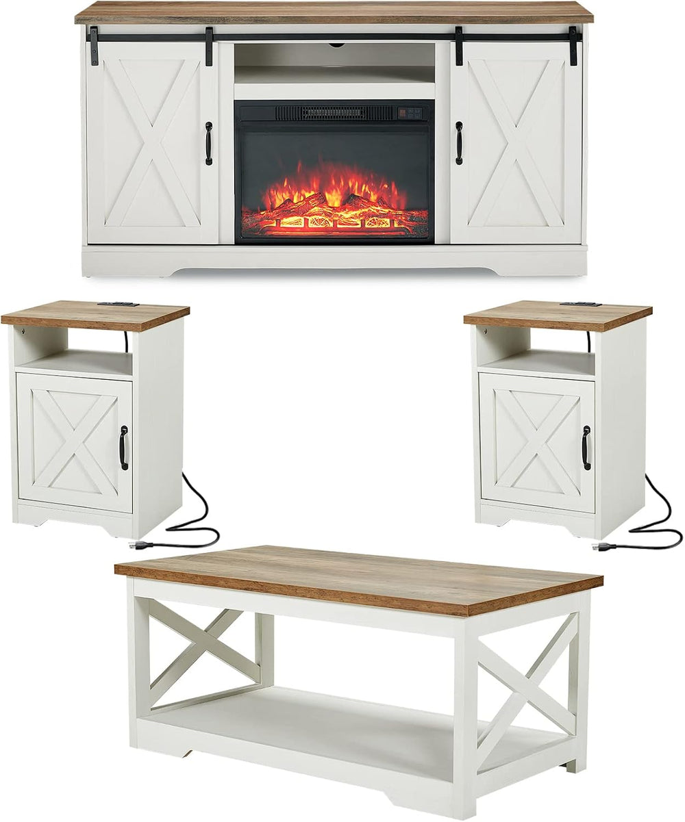 AMERLIFE Farmhouse 5 Piece Living Room Table Set, 59" TV Stand, White | ...