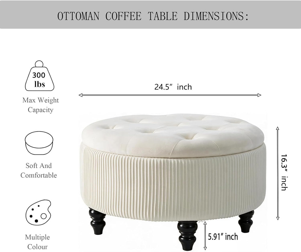 24Inch White Round Storage Ottoman, Upholstered Coffee Table | Modern Tufted ...