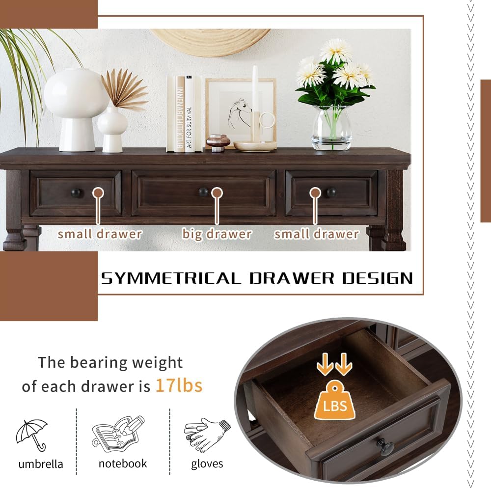 ZOEDO Classic Retro Style Console Table with Three Top Drawers and Open Style...
