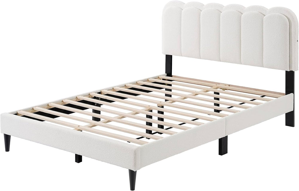 Peanu Queen Boucle Bed Frame, Petal Headboard, Ambient Light, White