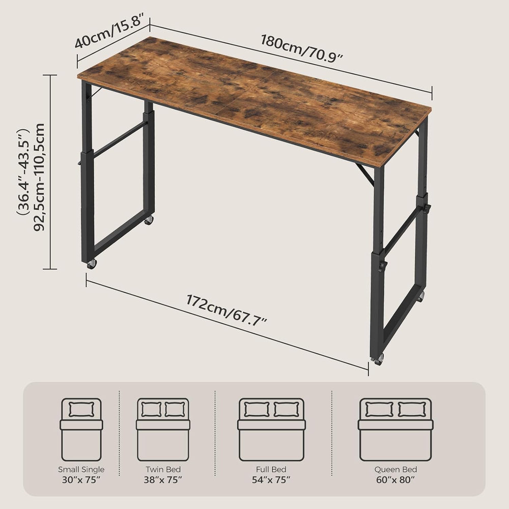 MAHANCRIS Overbed Table with Wheels, Mobile Bed Desk for Queen Size, Rustic