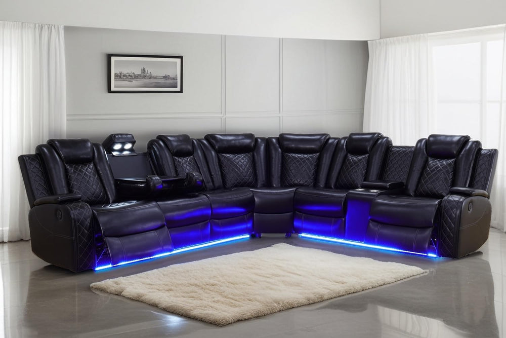 A Ainehome Power Recliner Sectional Sofa Set with LED Light, Leather Reclinin...