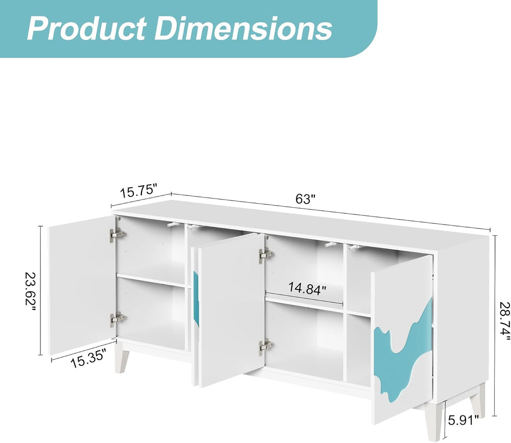 Anbuy Modern 4 Door Sideboard Buffet Cabinet with Storage Blue Water Stream D...