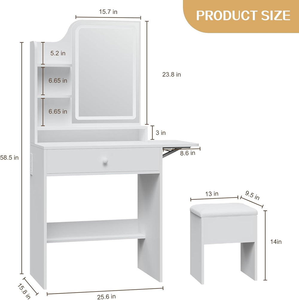 Haewon Small Makeup Vanity Set with Lighted Mirror and Chair, White | Built-I...