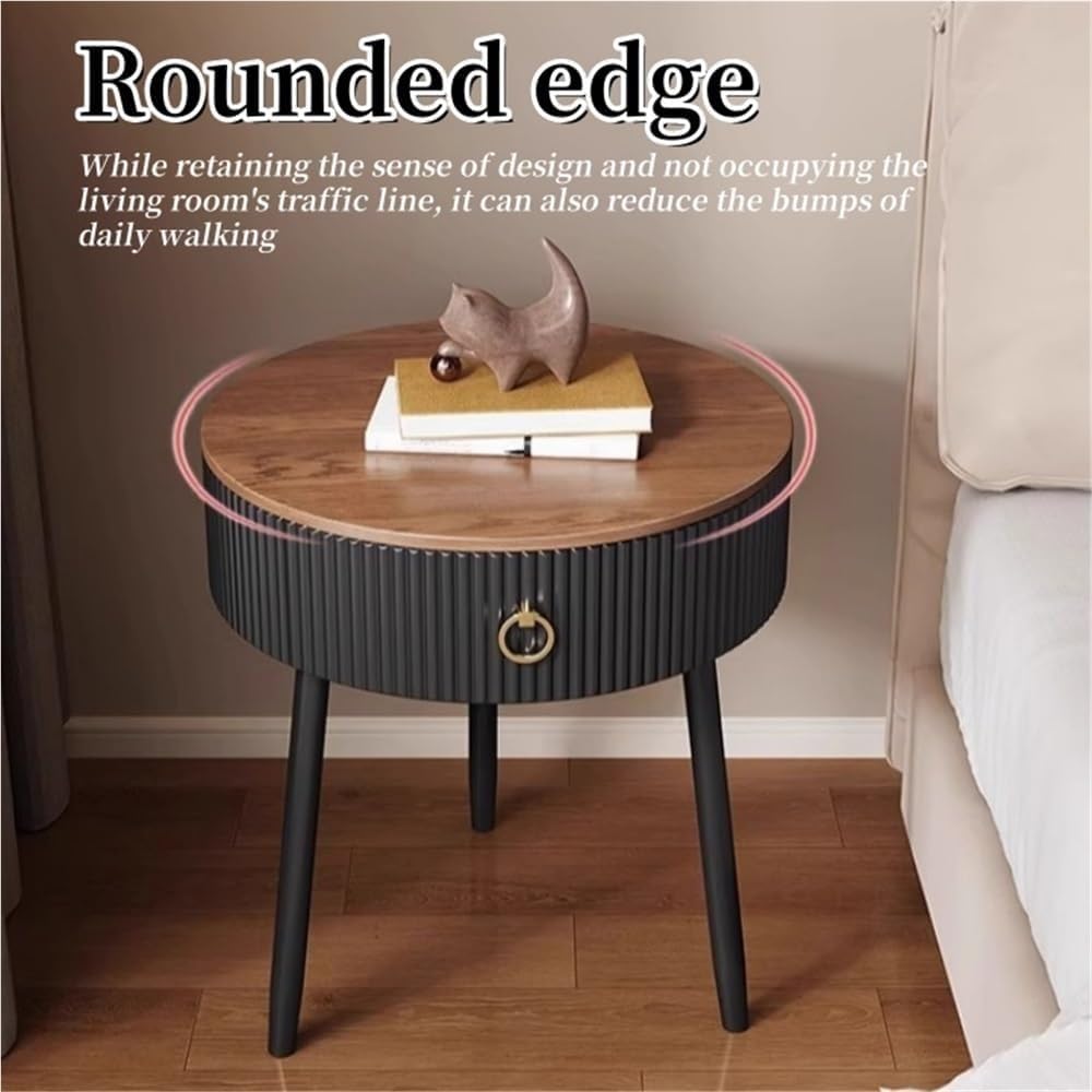 Modern Round End Table with Drawer Wood Double Storage Nightstand Side Table ...