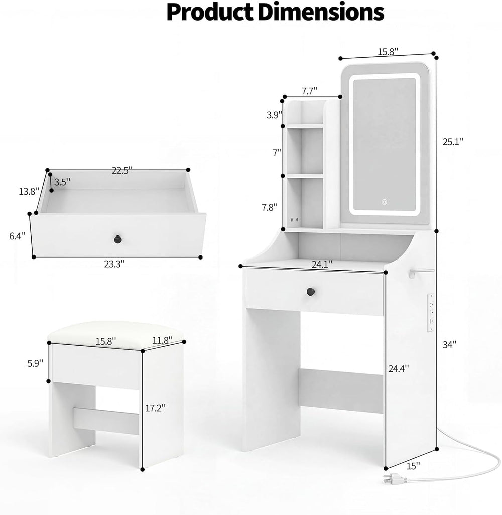 Makeup Vanity Desk with Mirror Lights & Charging, White | Includes Storag...