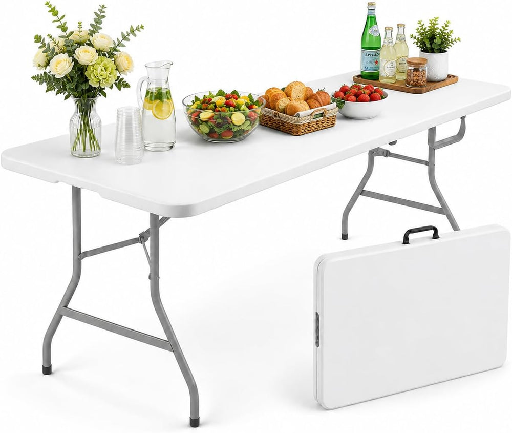 6FT Folding Table, Portable Fold-in-Half Plastic Utility Table with Carrying ...