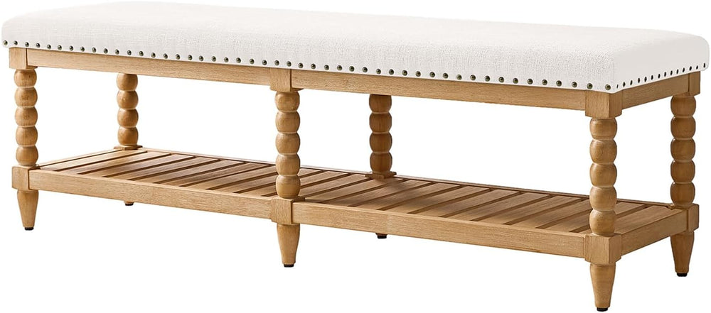 HULALA HOME Entryway Bench with Soild Wood Shelf, 58" Upholstered Shoe S...