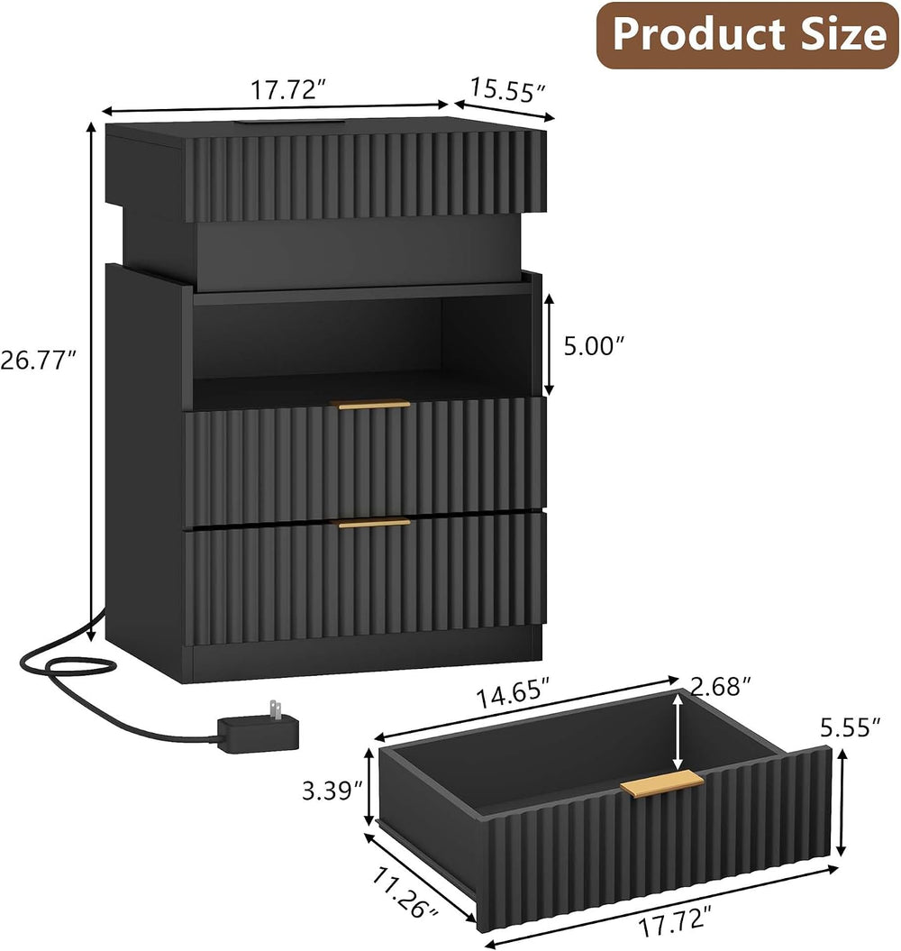 Night Stand with Wireless Charging Station, Black Bedside Table with Hidden G...