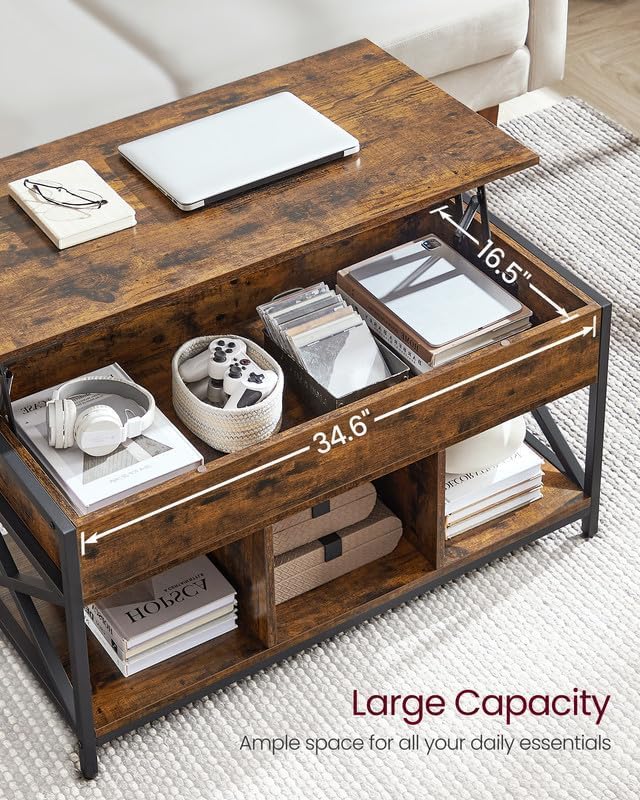 VASAGLE Lift Top Coffee Table with Storage Shelf, 3 Compartments