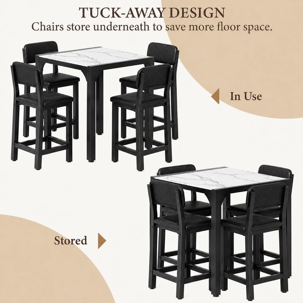 5-Piece Counter Height Dining Table Set for 4, Marble-Look, Black
