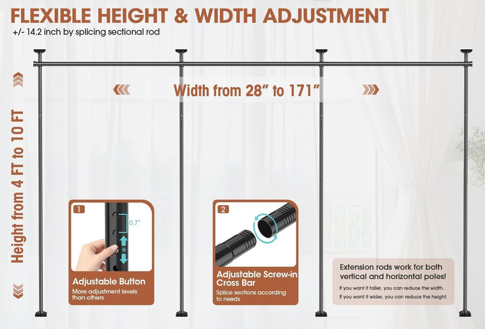 SUNALLY Room Divider Curtain Rod 4-10ft(H)28-171in(W) Room Separator, Black