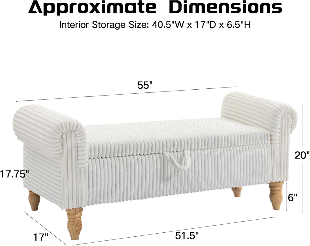 55" Storage Ottoman Bench, Corduroy End of Bed Bench for Bedroom, White ...