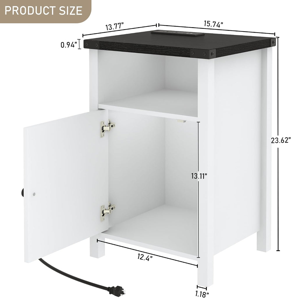 Hlivelood Farmhouse LED Nightstand Set of 2 with Charging Station, Rustic End...