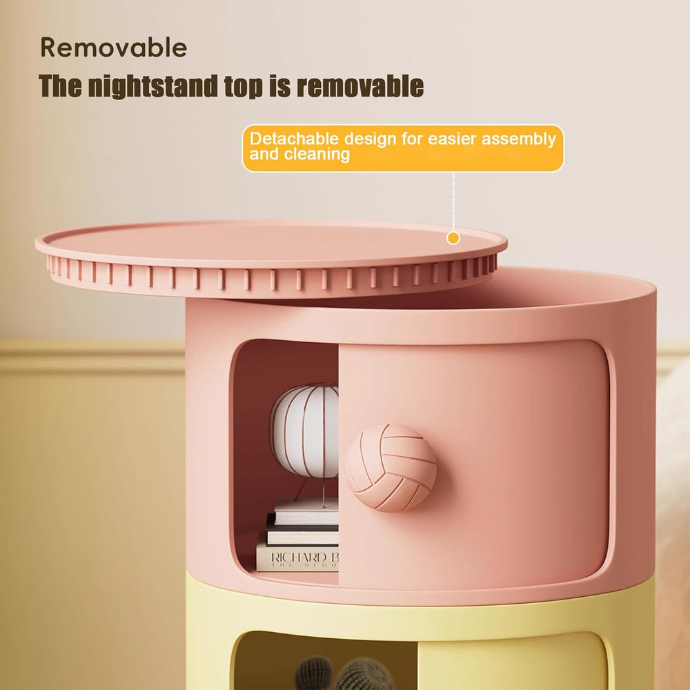 3 Tier Round Nightstand with Drawers, Plastic Pink Nightstand Modern Round Be...