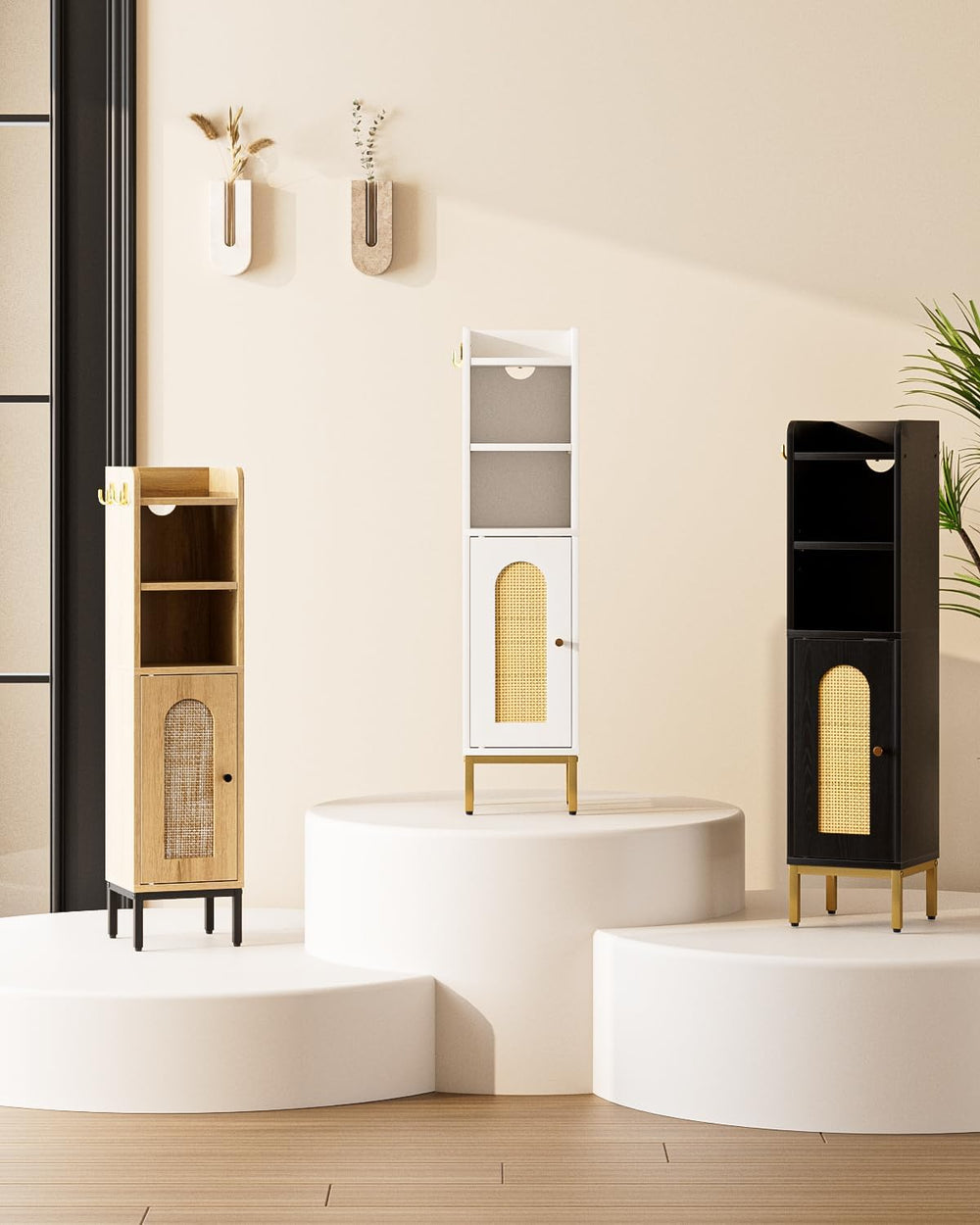 Bathroom Storage Cabinet, Small Corner Floor Hutch with 2Hooks,Narrow Toilet ...