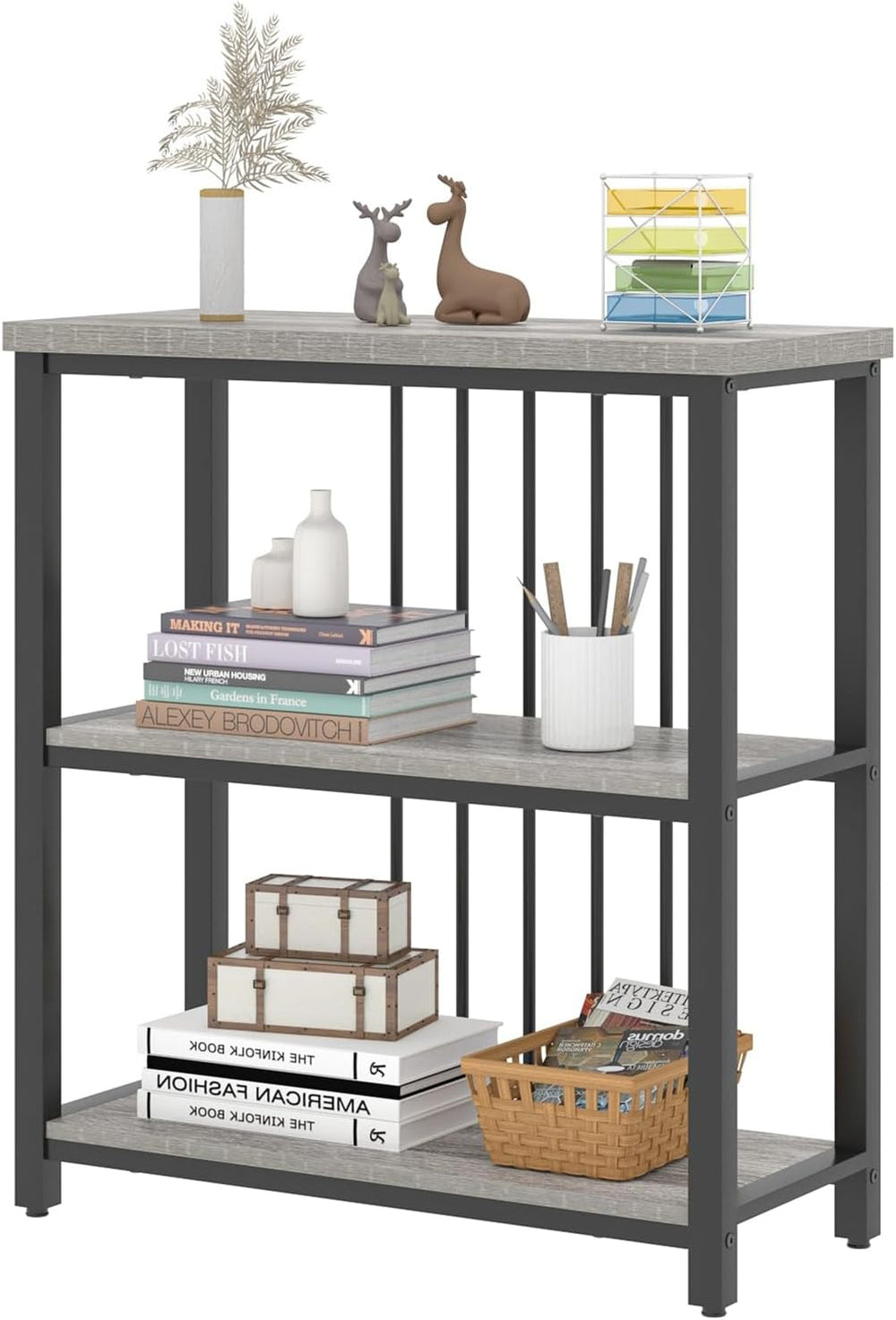 FOLUBAN 3 Tier Bookshelf, Short Bookcase for Small Space, Modern Wooden and M...