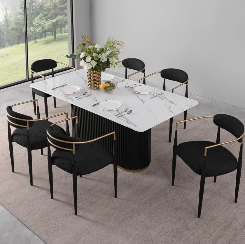 69" Large Dining Table, Rectangle Dining Table with White Faux Marble To...