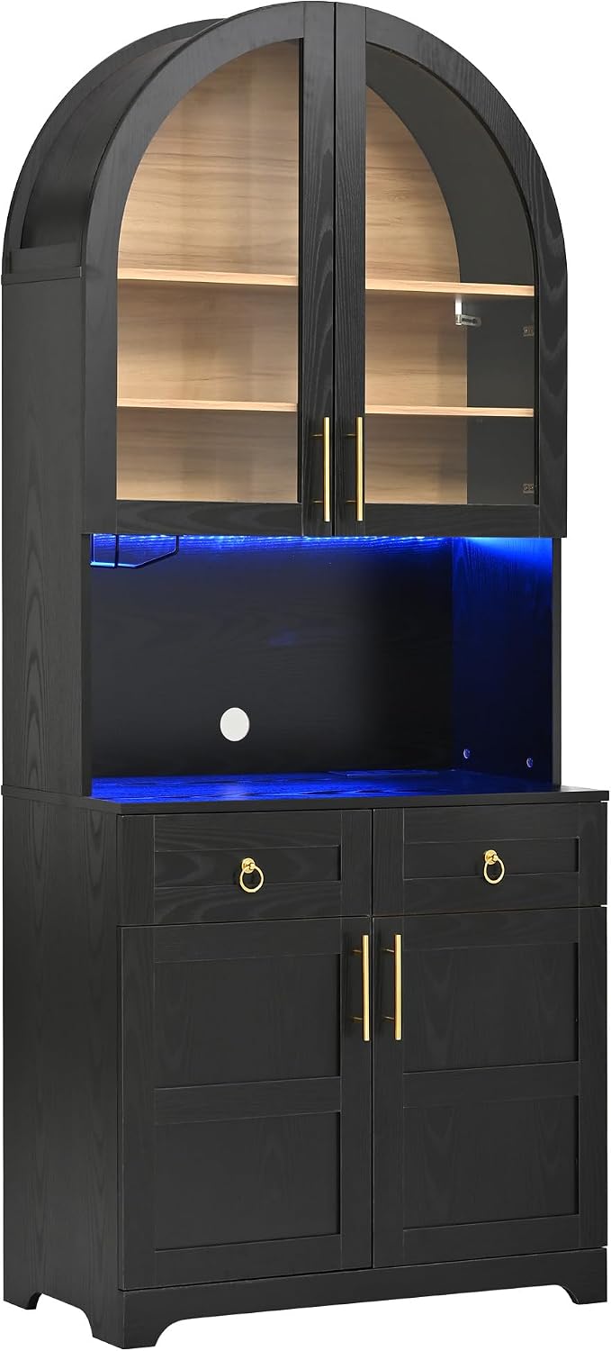 74.8" Tall Arched Kitchen Pantry with Power Outlet & LED Light, Kitc...