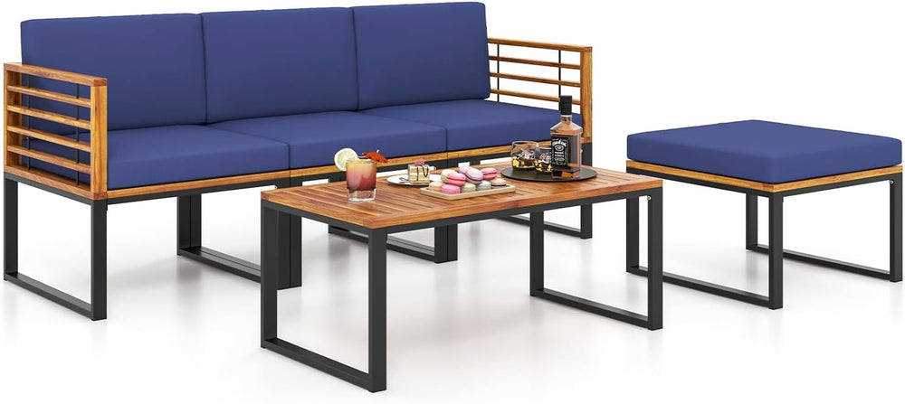 Tangkula 5 Pieces Patio Conversation Set, Acacia Wood Chair Set with Ottoman ...