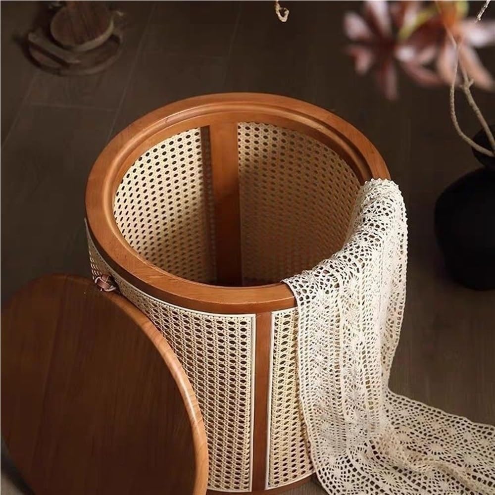 Round Wood Rattan Side Table Japanese Style Small Coffee Table with Storage B...