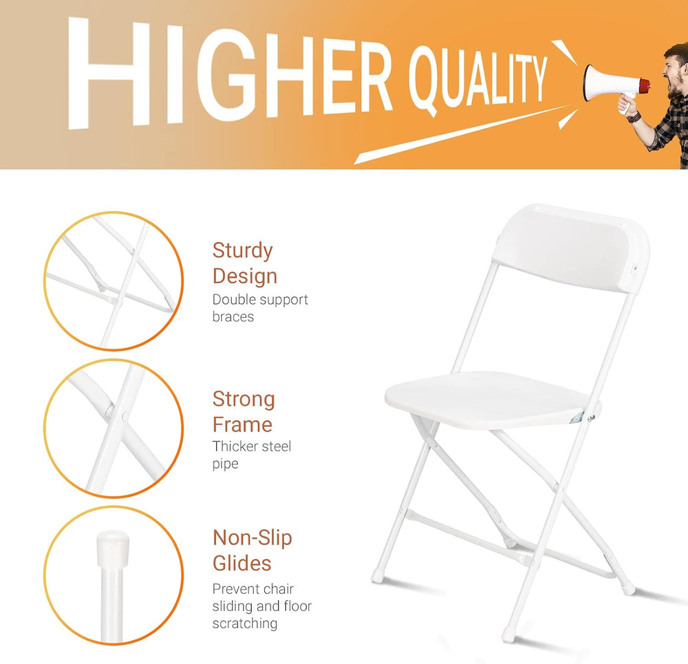FCH White Folding Chair,Foldable Metal Frame with Solid Plastic Seat, Portabl...