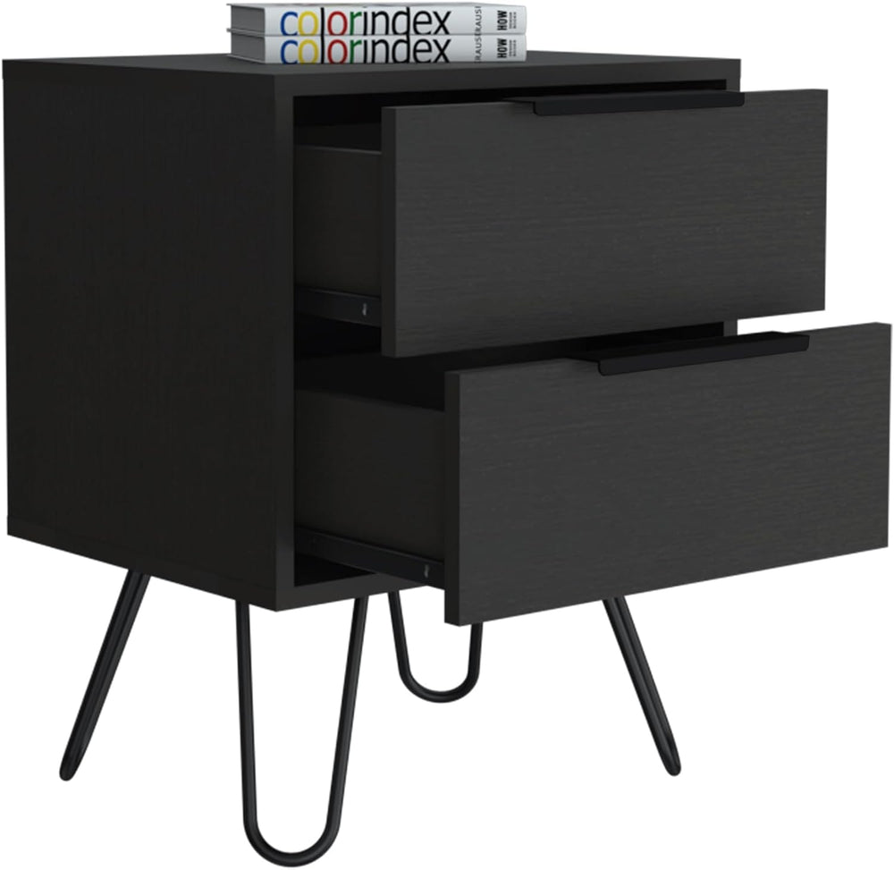2 Nightstand, Hairpin Legs, Two Drawers, Black,for Small Spaces