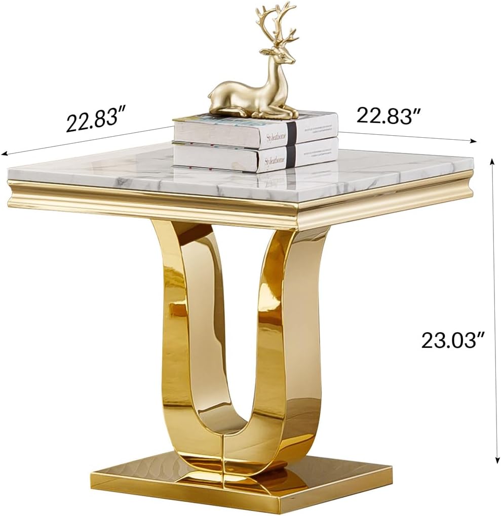 23'' Faux Marble End Table with High-Gloss U Base, Rectangular Marble...