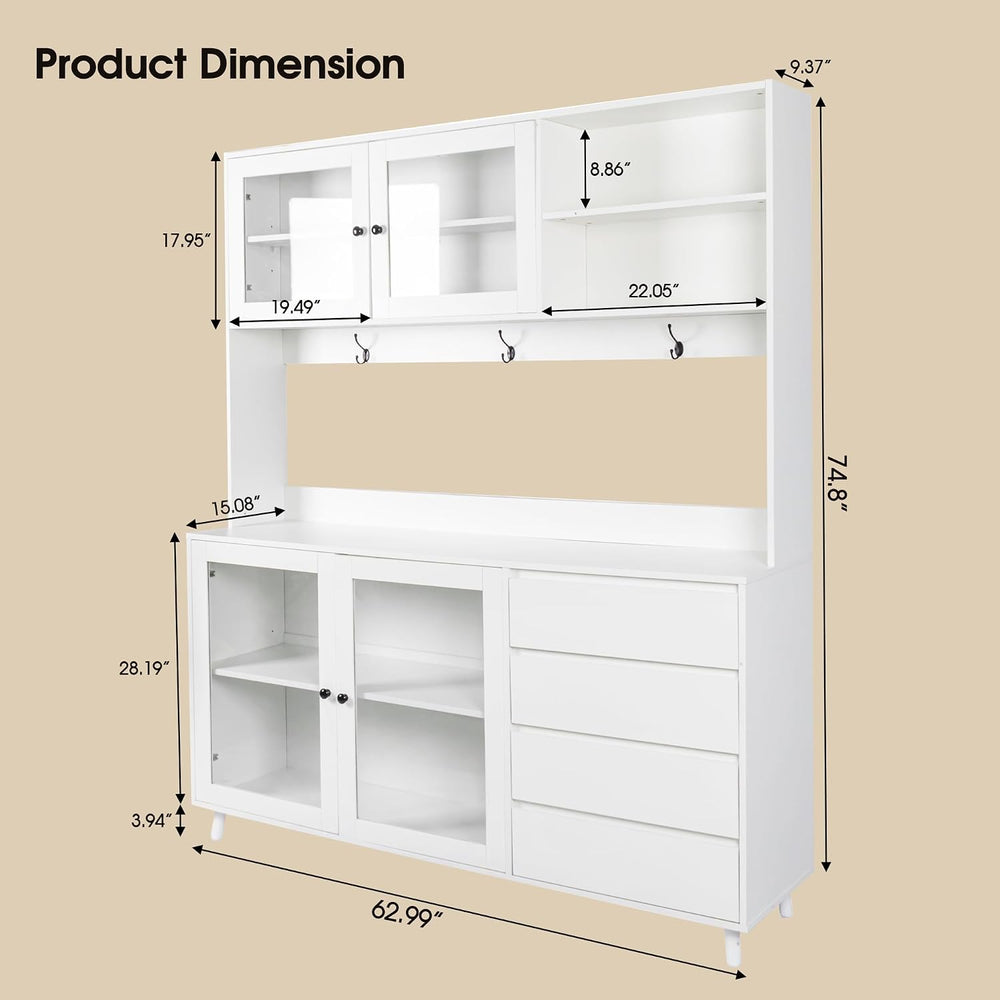 63" Large Kitchen Hutch Cabinet with 4 Doors, 4 Drawers and Microwave Sh...