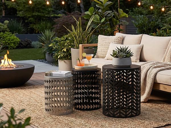 Outdoor Side Table Set of 3 Round Metal Nesting Tables, Patio End Table Black...