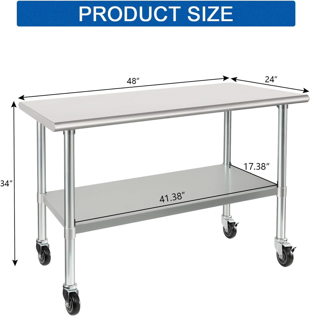 HARDURA Stainless Steel Commercial Table with Wheels 24 x 48 Inches