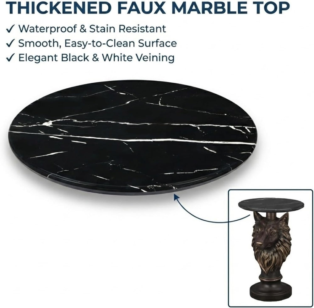 Wolf Head Side Table, Round End Table with 17.72" Black Faux Marble Top,...