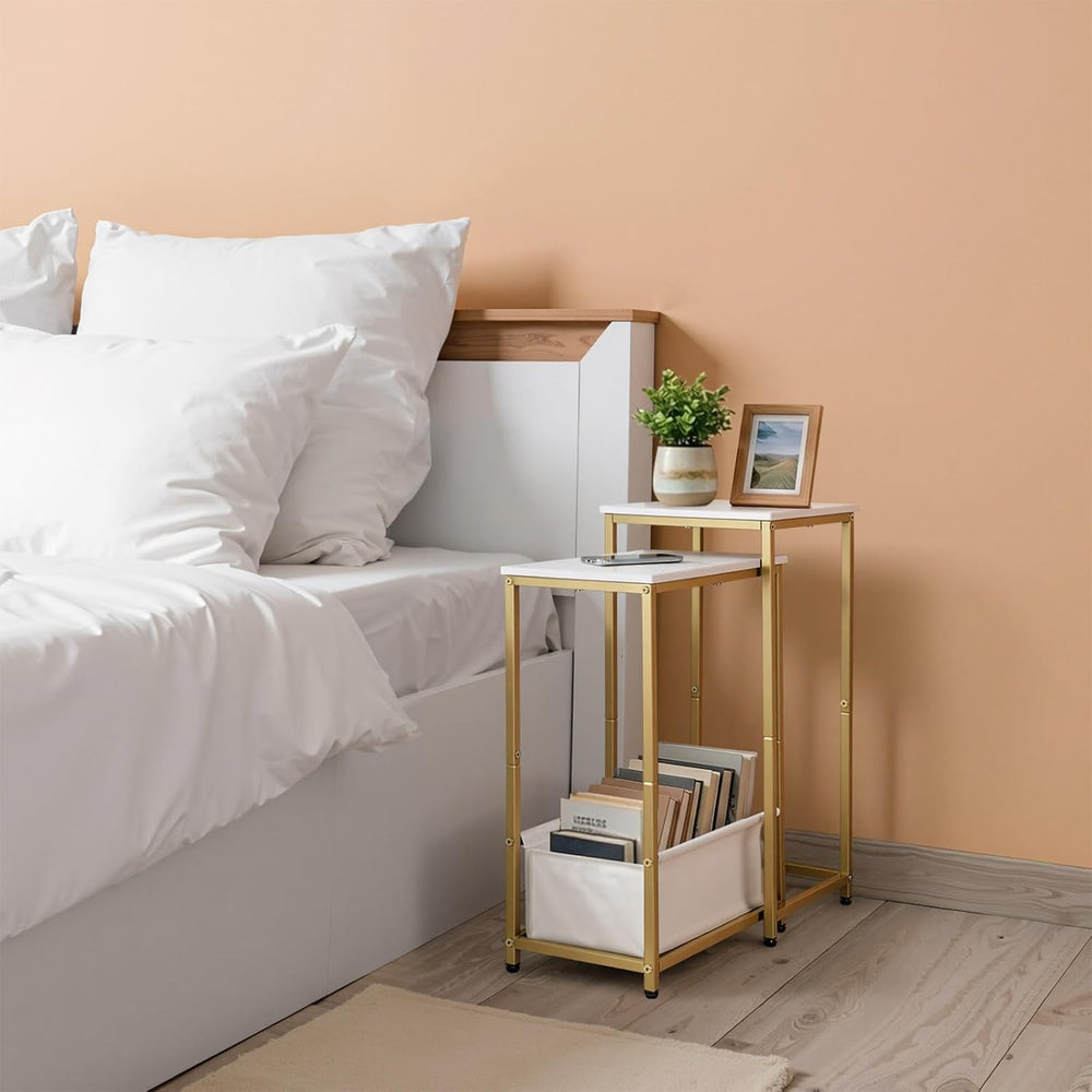 Nesting End Tables Set of 2, Stacking Side Table with Fabric Storage Basket, ...