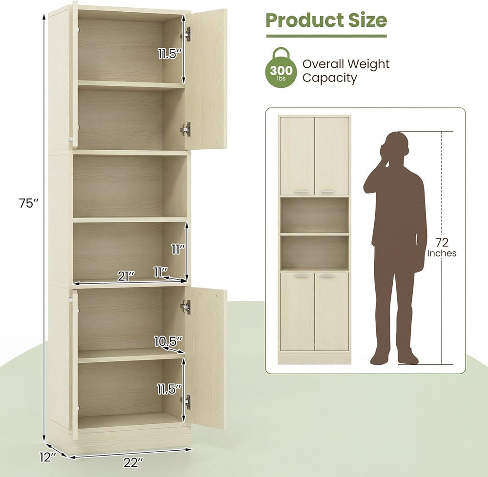 Giantex Kitchen Pantry Cabinet, 75'' Tall Freestanding Cupboard with ...