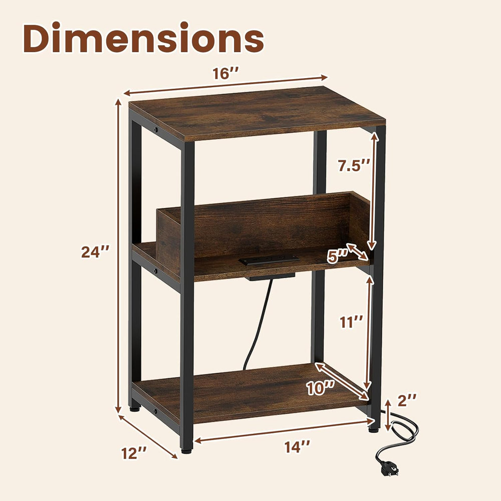 Giantex Side Table with Charging Station - Industrial 3-Tier Bedside Table w/...