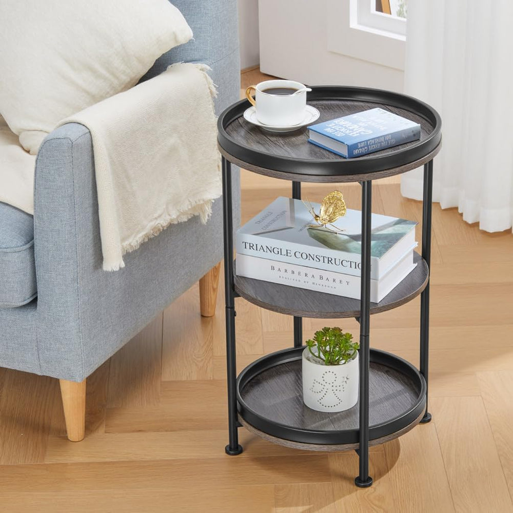 Dulcii Round Side Table with 3 Shelves for Living Room, Bedroom Nightstand wi...