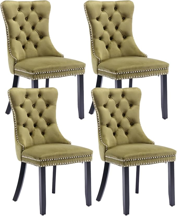Velvet Dining Chairs Set of 4, Tufted Upholstered Wingback with Back Ring Pul...