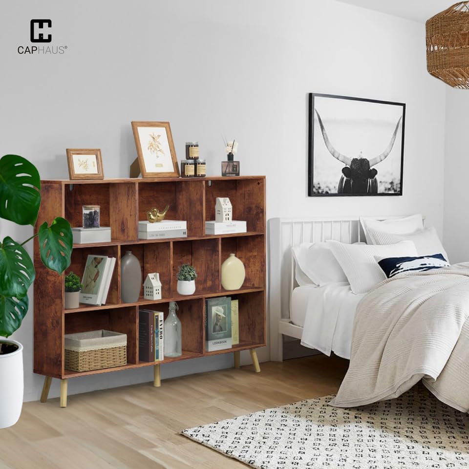 CAPHAUS 10 Cube 3 Tier Mid Century Bookshelf, 55” Wide Wooden Cube Storage Or...