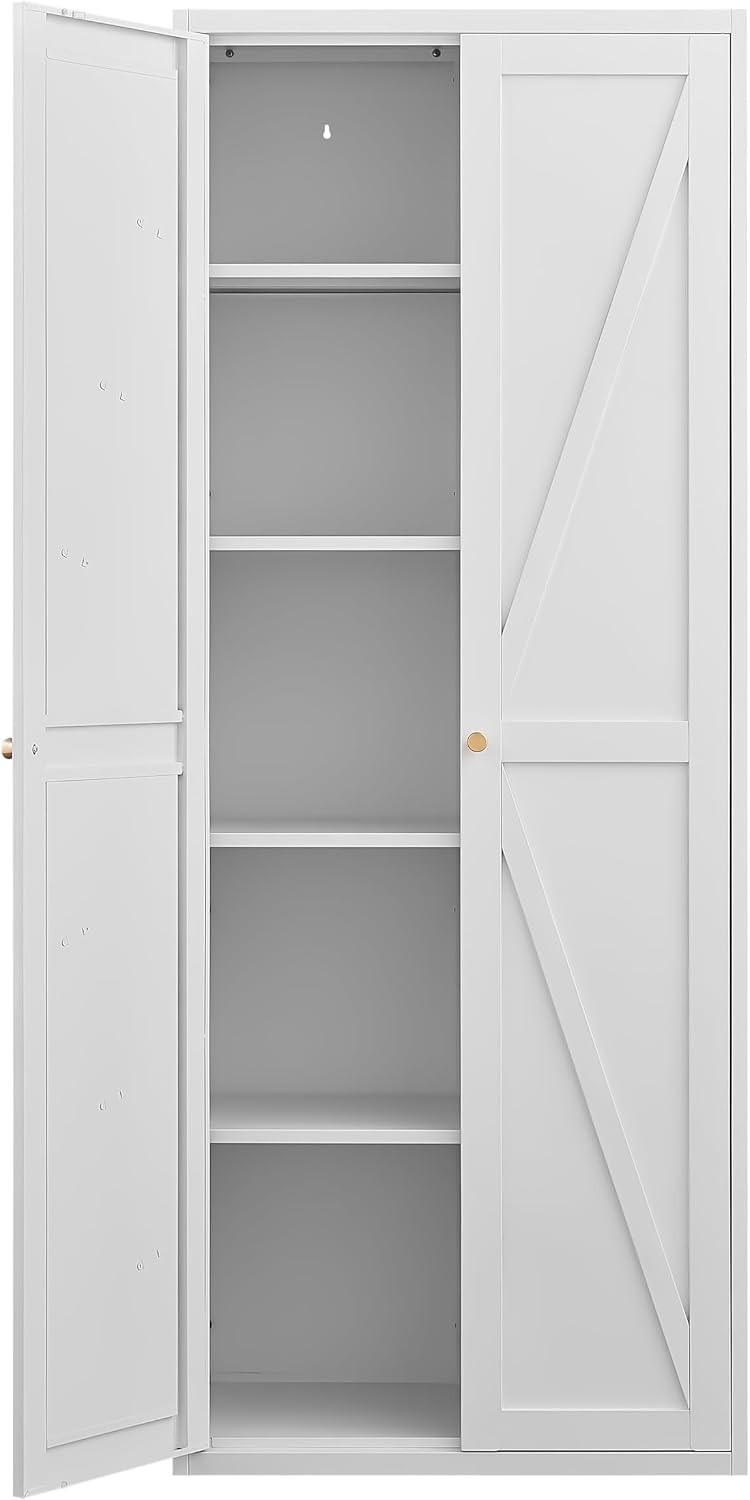 Kitchen Pantry Cabinet: Rustic White Steel Storage with Adjustable Shelves - ...